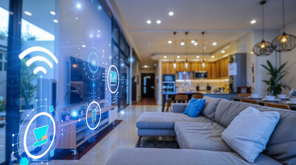 Smart home living room with holographic interface. Cozy interior featuring connected devices, IoT icons, and wireless technology. Modern kitchen and comfortable sofa