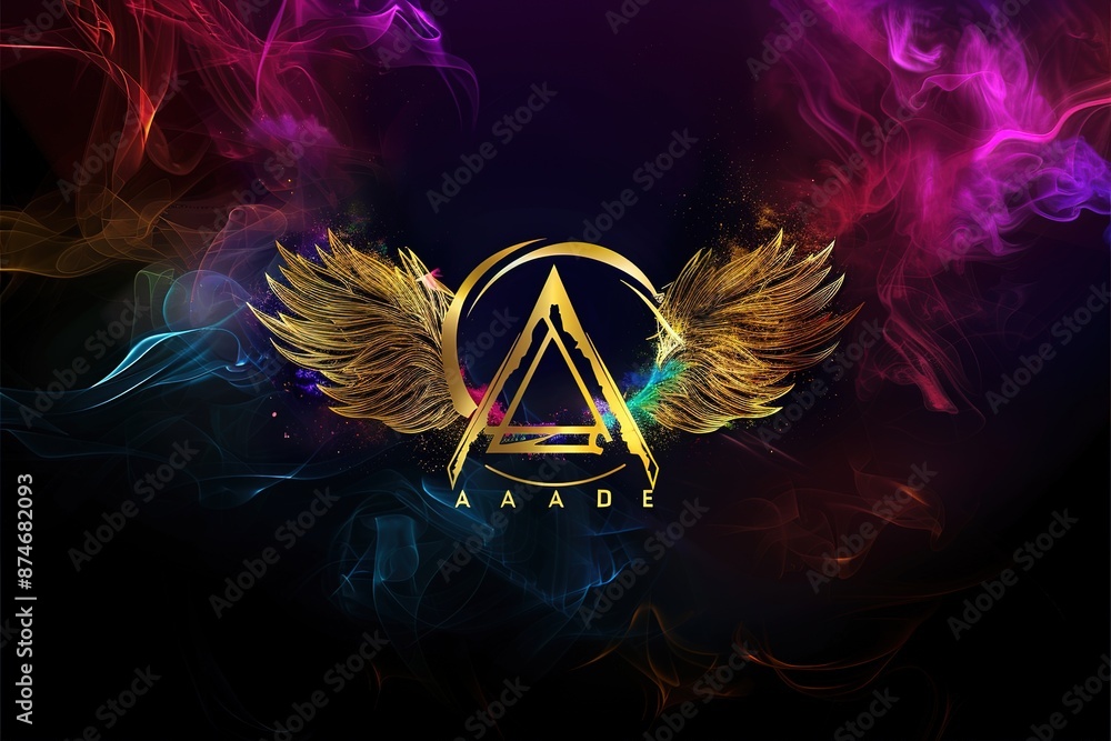 Aufkleber a colorful image of a triangle with wings and the word aaadee written in gold