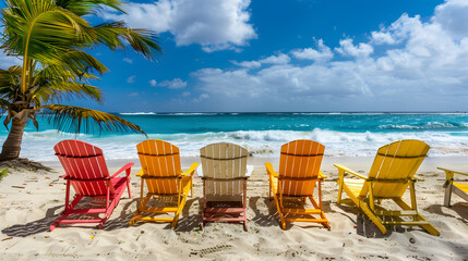 Beach chairs positioned on a white sandy beach, surrounded by a clear blue sky and fluffy white clouds, embodying the concept of summer vacation and relaxation.