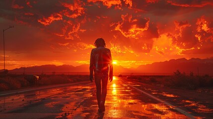 A Lone Figure Walking Towards a Fiery Sunset - Generative AI