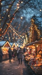 A city skyline at night, illuminated with Christmas lights and decorations, with snow gently falling and a large Christmas tree in a central square
