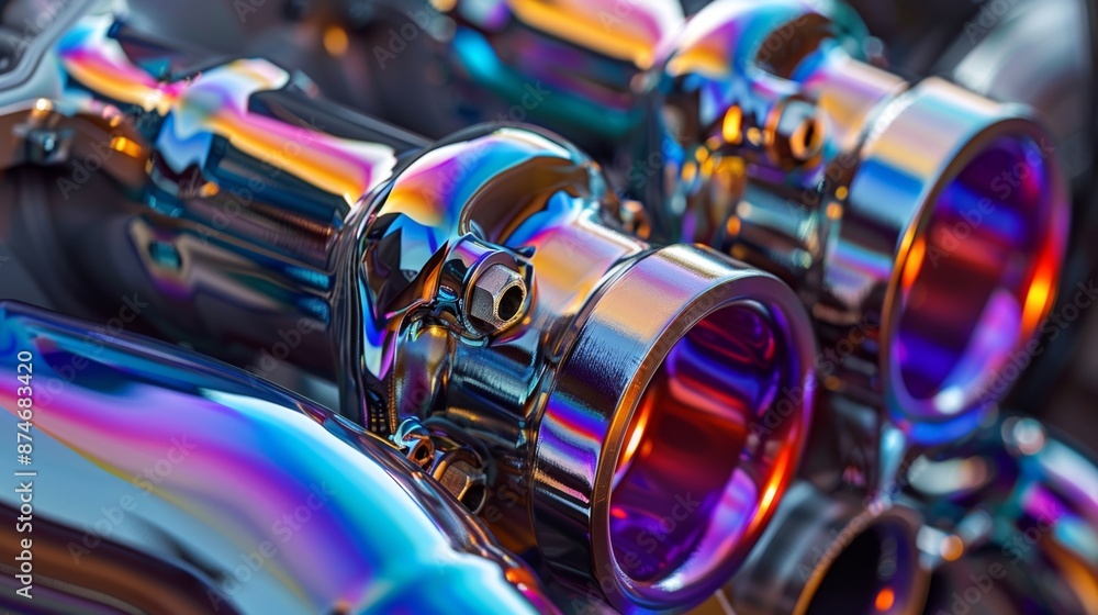 Poster a macro shot of a specialized customized exhaust manifold with a vibrant eyecatching color scheme an