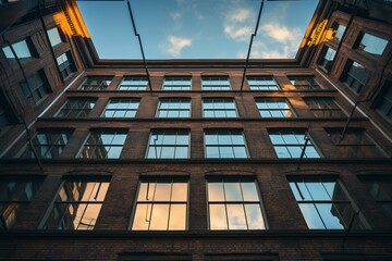 Sunset casts a warm glow on a brick building with reflective windows against a clear sky