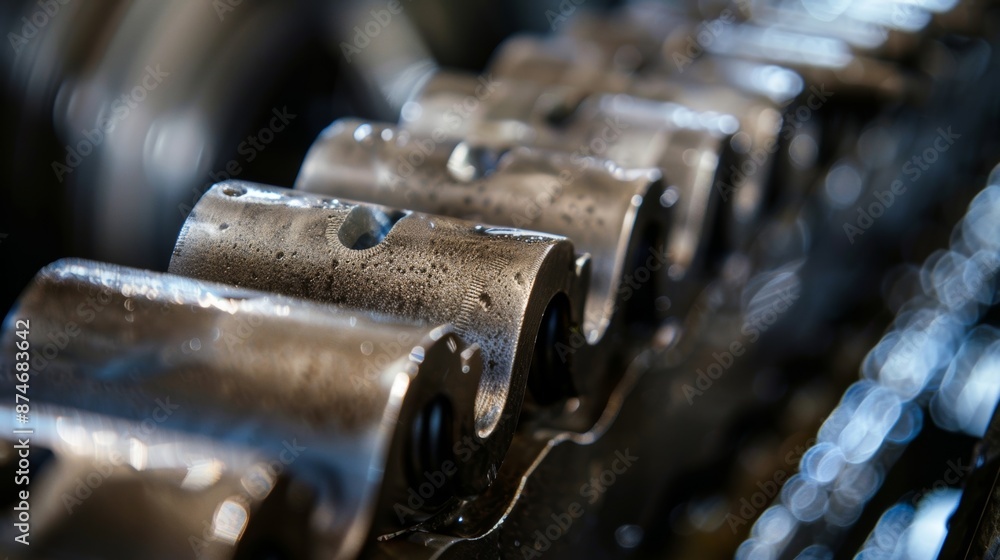 Poster A macro view of the grooves on a cam follower which allow it to smoothly glide along the lobes of the camshaft and transfer motion to other engine components.