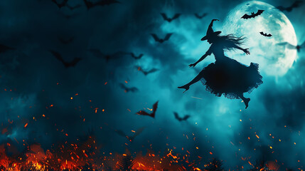 Halloween witch flying across top left, bottom right empty