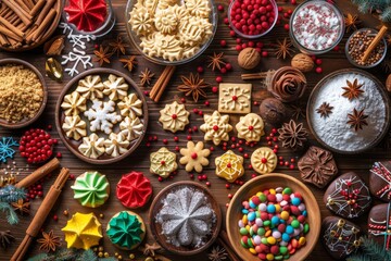 Fototapeta premium A festive cookie decorating station with various shaped cookies, colorful icing, sprinkles, and holiday-themed decorations, set on a wooden table. 