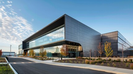 Obraz premium Sleek Steel Exterior of Modern Warehouse Office Buildin