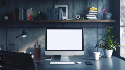 A mockup of a modern computer monitor. There is a computer monitor on a steel desk with a green plant, a mobile phone, a cup of coffee and a lamp. There is a bookshelf with books