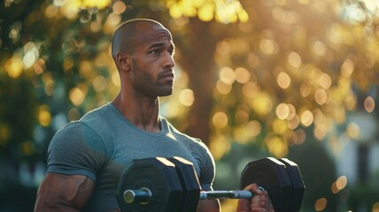 Athletic bald man lifting weights in an outdoor setting, demonstrating fitness, strength, and determination. AIG58