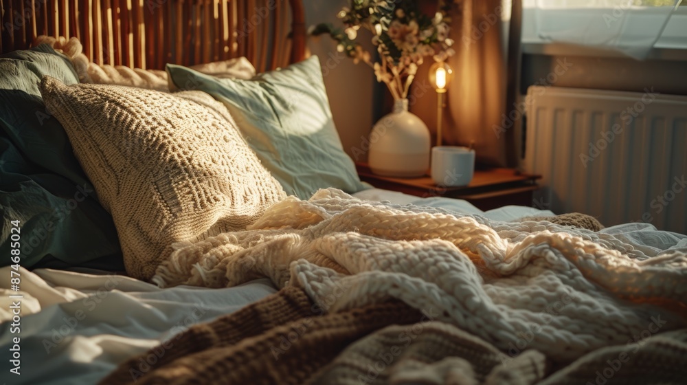 Poster a cozy bed with layers of soft blankets and pillows inviting you to curl up and escape into a lofi p