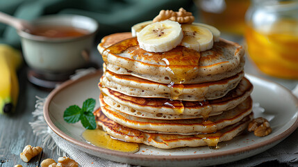 
A stack of oatmeal banana pancakes with slices of fresh bananas, walnuts and honey on top with cup of tea on a white wooden background. A healthy breakfast. Copy space