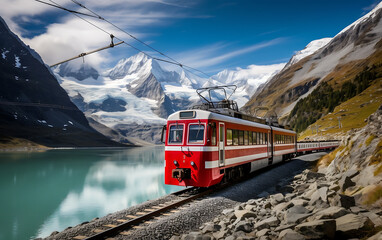 Train on the background of mountains and glacier in Jungfraujoch, Switzerland