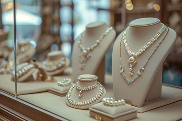 Elegant luxury jewelry necklace and pearls on a stand in a jewelry shop