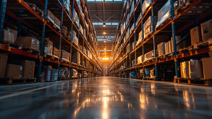 Fototapeta premium Spacious warehouse aisle with shelves containing various products at sunset.