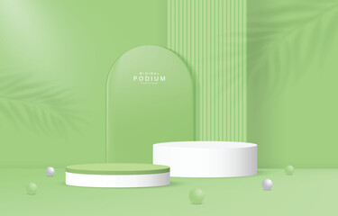 Three Cylindrical Platforms Against Pastel Colored Background With Palm Leaf Shadows