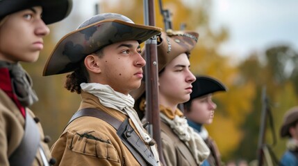 Obraz premium Participants dressed in period military uniforms at a historical reenactment event