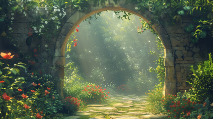 A magical garden with sunlit flower arches and lush greenery.