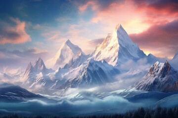 Snow-capped peaks in the majestic mountains during a serene and tranquil sunrise with vibrant colors and an alpine glow creating an idyllic and peaceful natural landscape