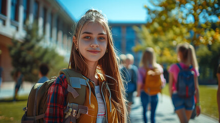 High School Girl and Friends with Backpacks Going to School 
