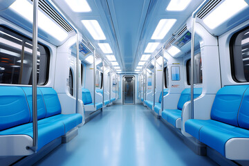 Obraz premium Interior of a modern train with blue seats.