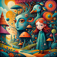 whimsical fantasy scene, surreal landscape, giant face in tree, colorful mushrooms, vibrant colors, girl with red hair, fairy tale atmosphere, intricate details, dreamy, magical forest, Generative AI