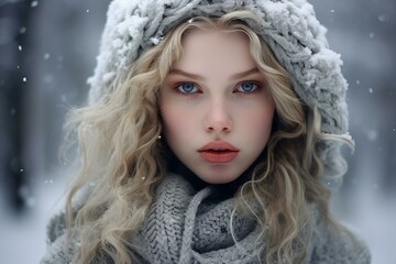 Close-up of a beautiful woman with striking blue eyes wearing winter clothing, surrounded by snowflakes