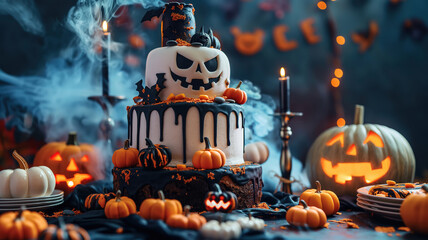 Glorious Table with colored candy apples and cake for Halloween party.