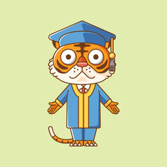 Cute tiger graduation animal kawaii chibi character mascot illustration outline style design