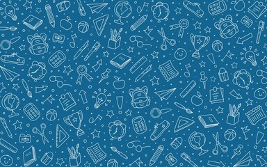 School supplies doodles on a blue background. Hand-drawn design. Science motifs. Back to school concept. White elements. Wallpaper, backdrop, pattern.
