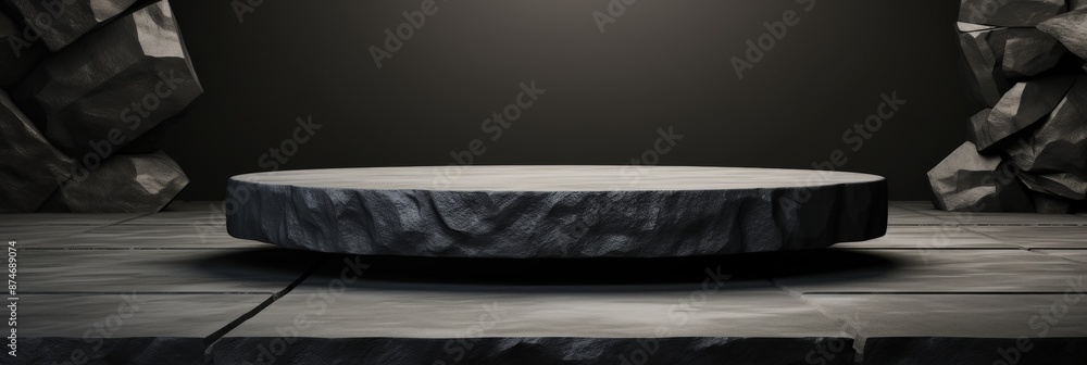 Poster Dark and mysterious floating stone platform in a shadowy void