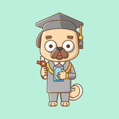 Cute pug dog graduation animal kawaii chibi character mascot illustration outline style design