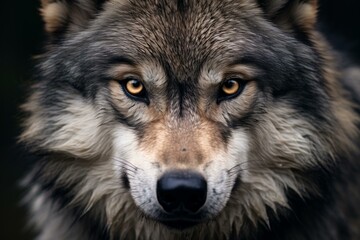 Close-up of a grey wolf's face showcasing its piercing eyes and beautiful fur detail