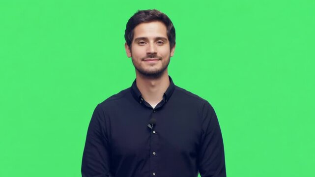 Male salesman takes a photo in the green background of the studio