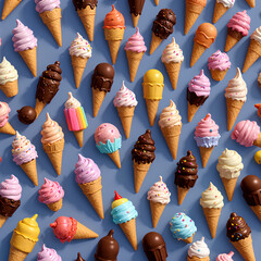 Obraz premium Colorful assortment of ice cream cones and scoops on a purple background