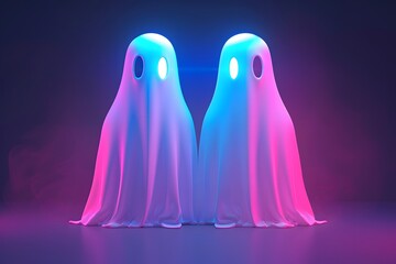 Two glowing ghostly figures with blue and pink lights, standing in a dark, misty environment.