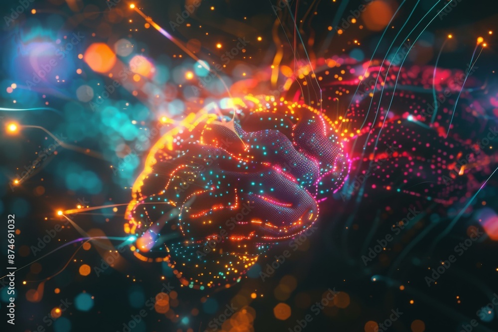 Poster a colorful image of a brain with lights and wires. ai.