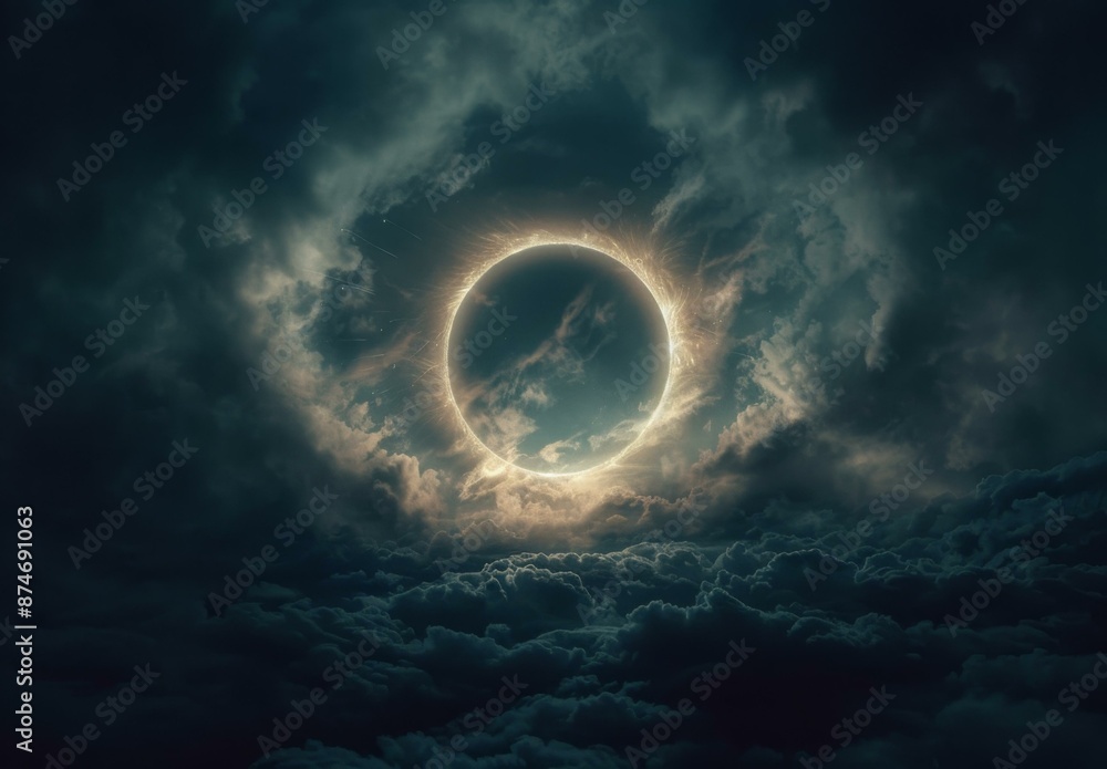Poster a large circle of light in the middle of a dark cloudy sky. ai.