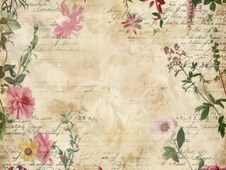 Vintage Botanical Background with Faded Flowers and Script Elements.