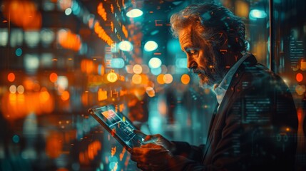 Futuristic Senior Businessman Analyzing Data on Tablet - Generative AI