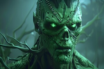 Eerie green creature with glowing eyes and stitched skin in a dark, misty forest.
