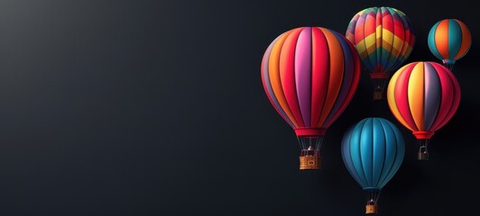 Obraz premium Brightly colored hot air balloons on a black background, travel, adventure