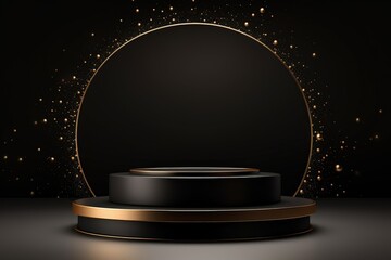 3D rendering of elegant black and gold podium with golden particles floating on dark background