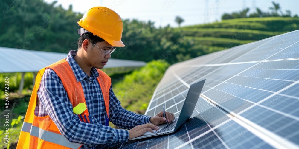 Poster skilled engineer working and analyze data by using laptop at solar cell. professional technician and