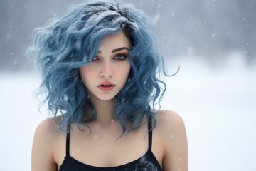 Naklejka premium Portrait of a young woman with vibrant blue hair against a gentle snowfall backdrop