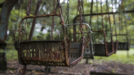 A swingset with seats made of old rusted shopping carts suspended from chains creaking and groaning with each push.
