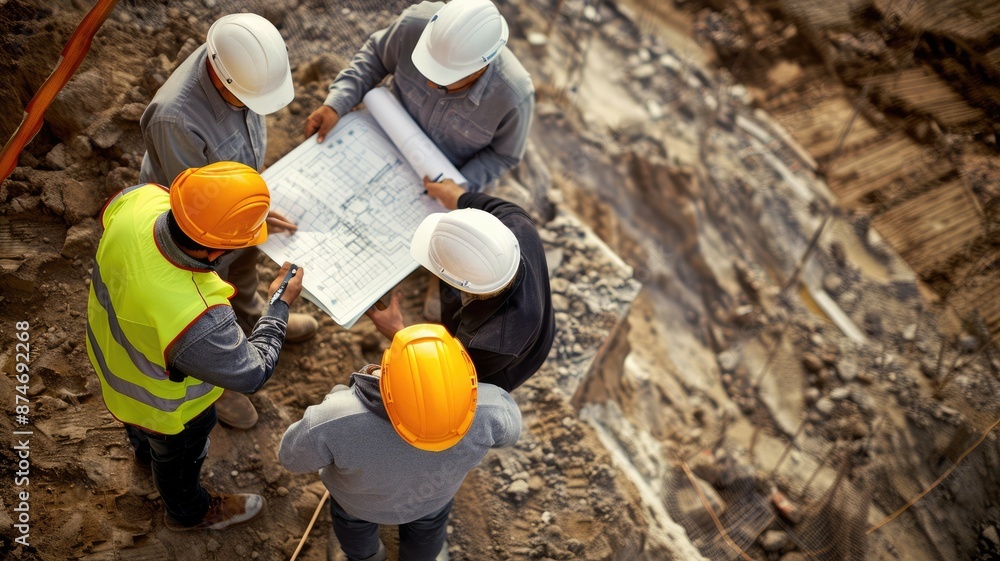 Poster top view of professional civil engineer planning building construction while wearing safety helmet a