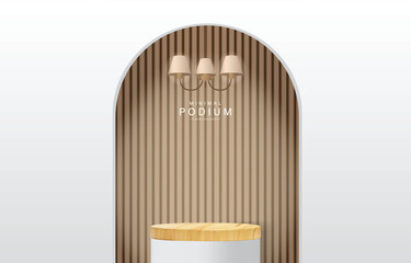 Minimalist Wooden Podium With White Background and Brown Slatted Walls