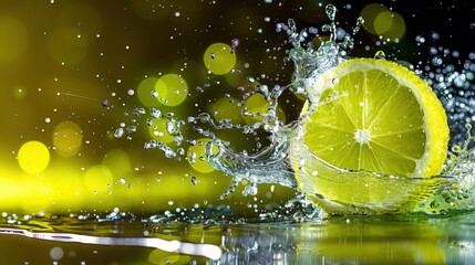 Lime yellow desktop with a subtle reflection, adorned with a vibrant lemonade water splash. The high-resolution image captures every detail in HD 12k quality.