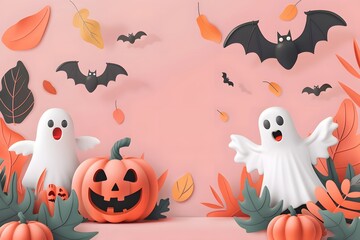 Playful Halloween scene with cute ghosts, pumpkins, and bats on a pastel background.