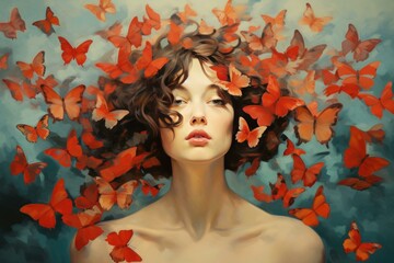 Enigmatic and mysterious woman surrounded by a surreal swarm of vibrant butterflies in a serene and peaceful portrait